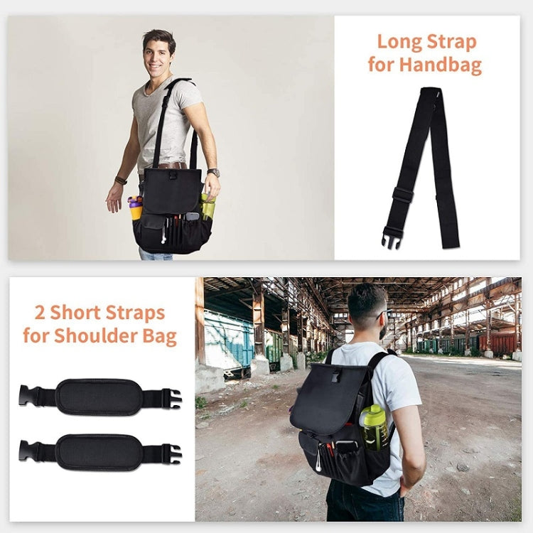 Black car seat organizer bag with adjustable straps and front storage pockets