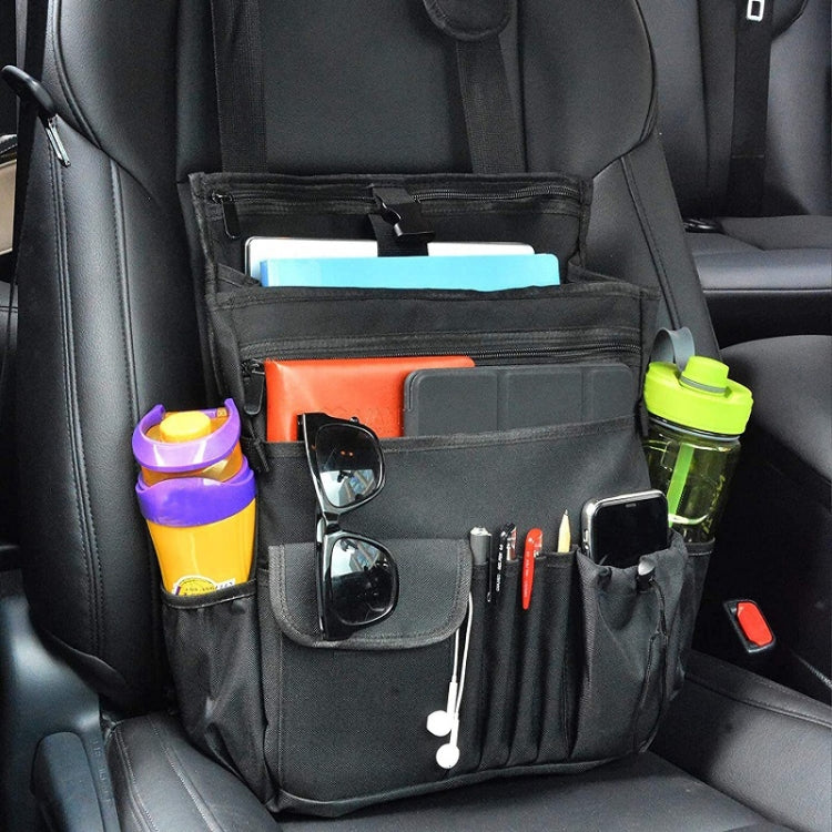 Black seat storage organizer bag with front zip pouch, pen loops, and bottle pockets
