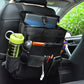 Black car seat organizer bag with bottle pockets and front zip pouch