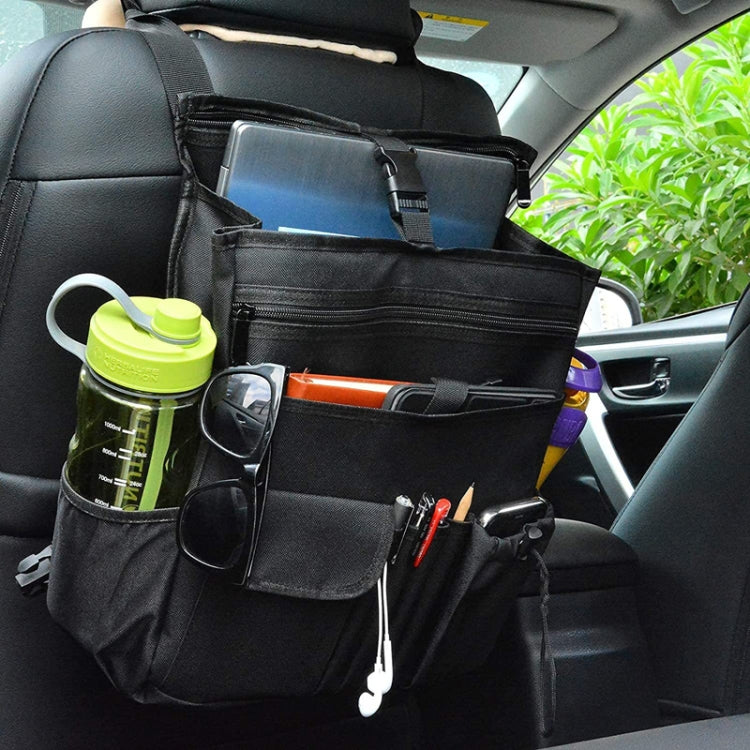 Black car seat organizer bag with bottle pockets and front zip pouch