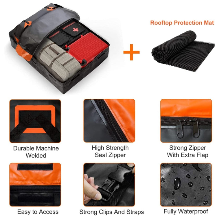 Waterproof roof storage bag with orange-and-black panels; includes roof protection mat