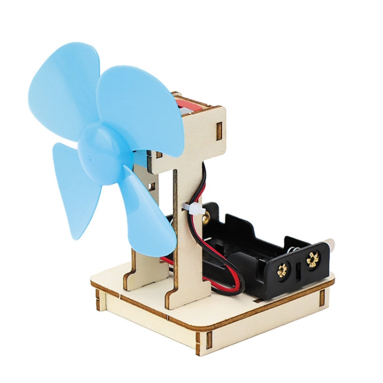Kids DIY electrical fan science kit with blue three-blade propeller and wired wooden base