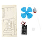 Kids DIY electrical fan science kit parts: blue propeller, motor, battery holder, wooden template