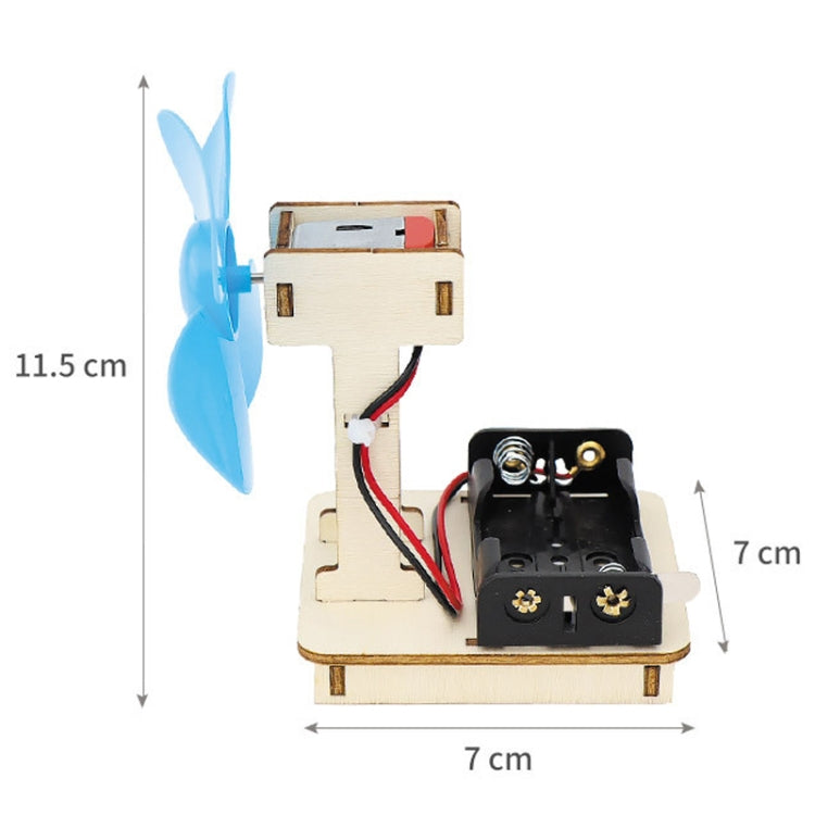 Kids DIY electrical fan science kit on wooden frame with blue propeller and motor