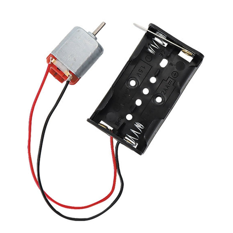 Kids DIY electrical fan science kit components: DC motor and black battery holder with wires