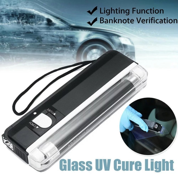 Handheld UV LED curing lamp with glowing purple tube inside clear casing