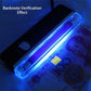 Handheld UV LED curing lamp showing bright blue-violet tube light through clear case