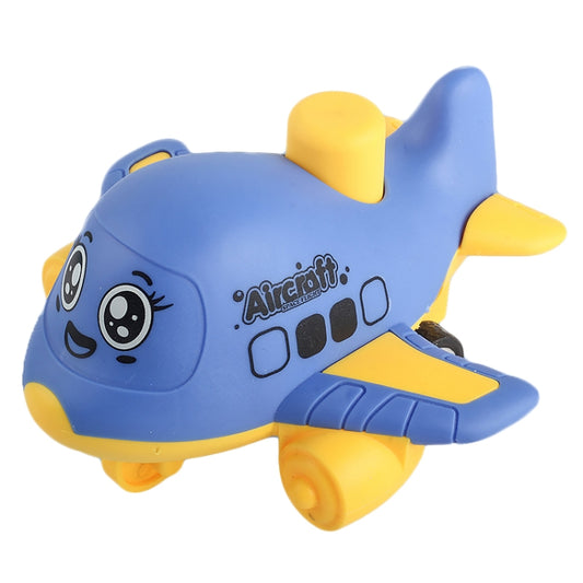 Blue and yellow cartoon inertia toy aircraft with smiling face and front wheels