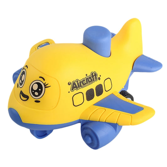 Yellow and blue cartoon inertia toy aircraft with smiling face, wings, and wheels