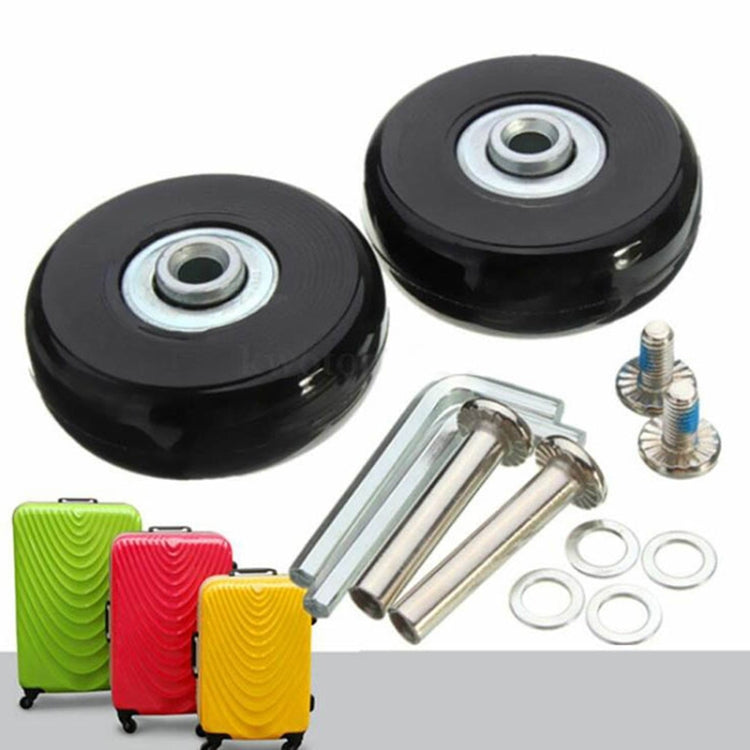 Set of black luggage spinner wheels with steel hardware: rods, screws, and washer rings