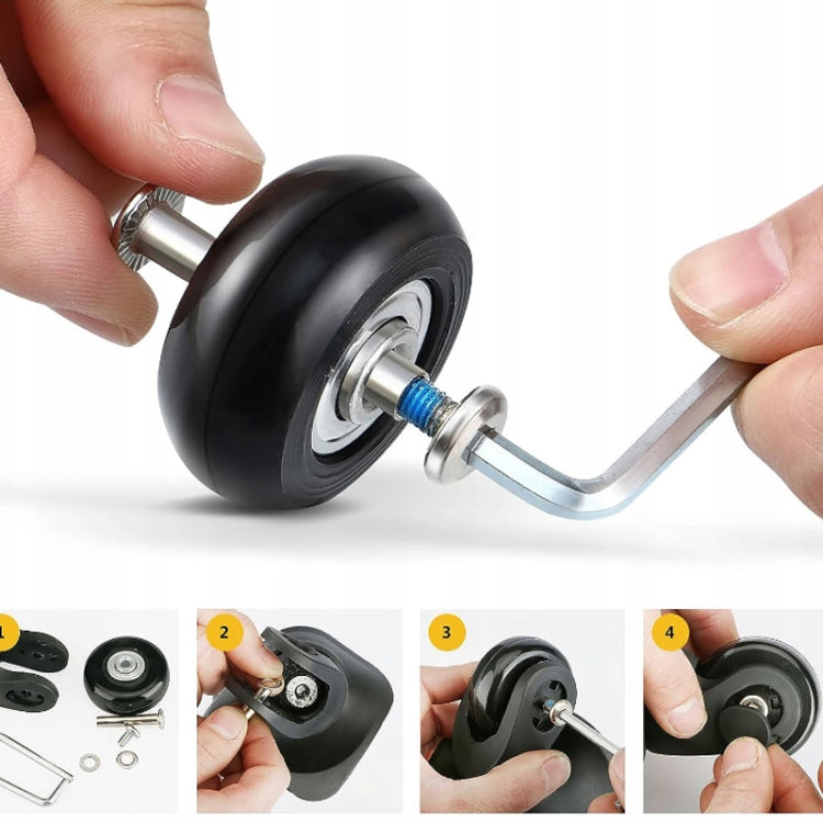 Hand installing a black luggage spinner wheel with metal axle and bearing components