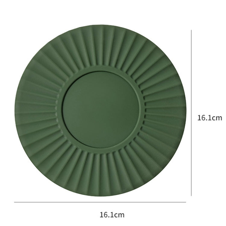 Green silicone heat insulation mat, 16.1 cm round diameter, ridged outer ring.