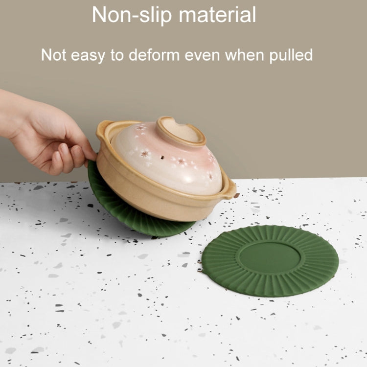 Green silicone heat insulation mat under a lidded pot on a speckled surface.