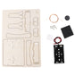 DIY DC motor kit parts: wooden board, copper wire ring, wires, and battery holder