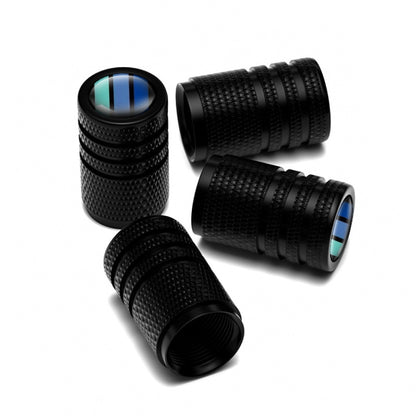 Set of four black textured aluminum car tire valve caps with blue striped inserts