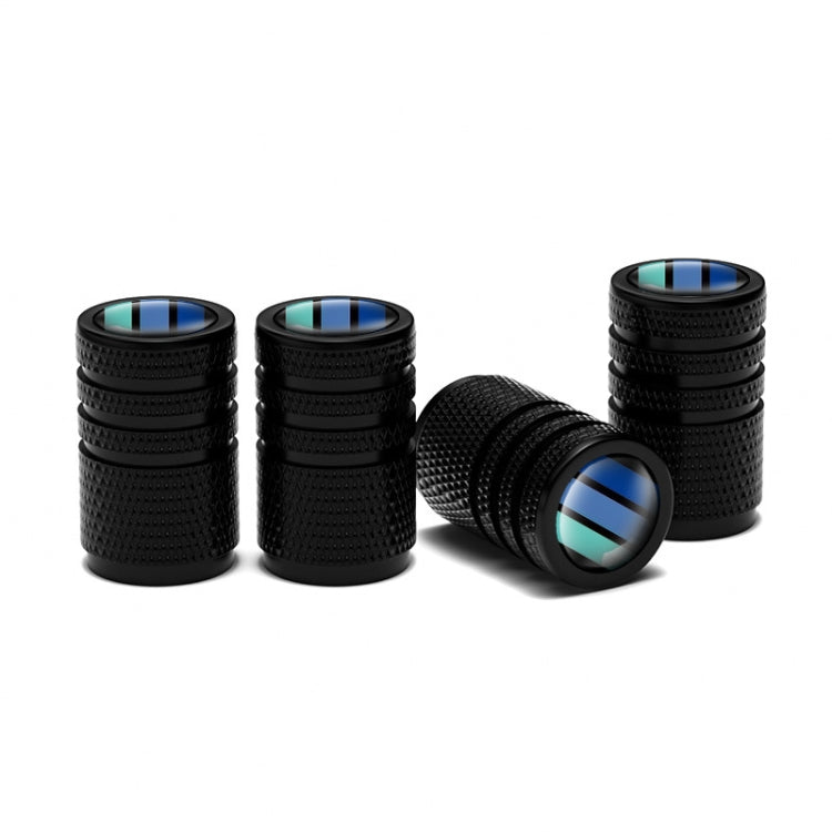 Cluster of four black knurled car tire valve caps with blue striped top inserts