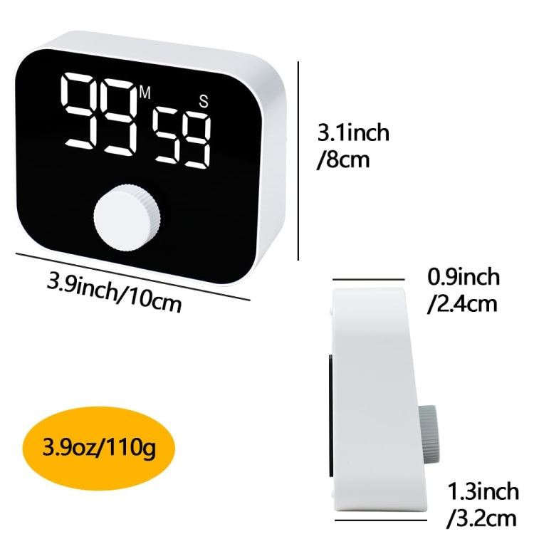 Digital rotating kitchen timer, front view with LED time display and size dimensions