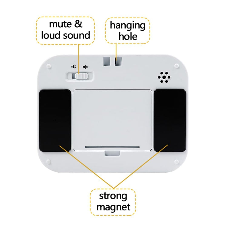 Digital kitchen timer back with strong magnet, hanging hole, and control buttons