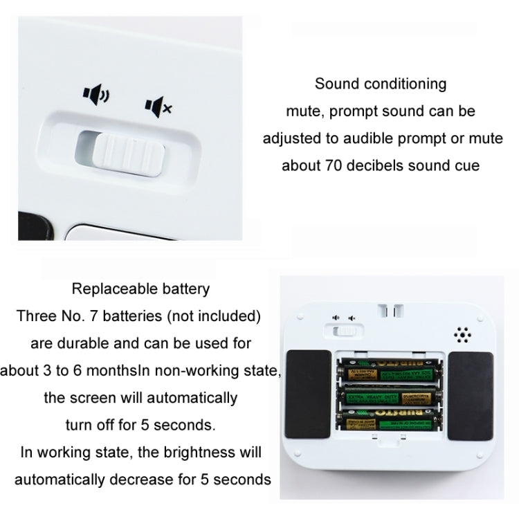 Digital kitchen timer with mute buttons and open battery compartment view