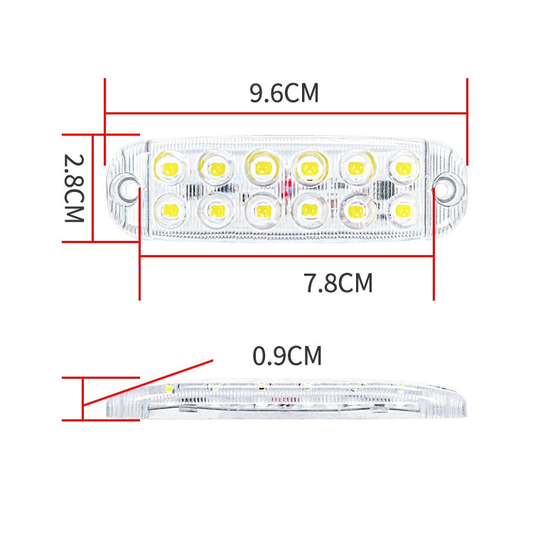 LED warning light bar dimensions shown: 9.6cm x 2.8cm, clear housing