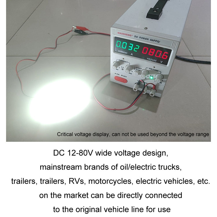 Flashing LED warning light connected to DC power tester, bright white glow