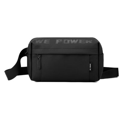 Black men’s single-shoulder crossbody chest bag with front zipper pocket and logo strap