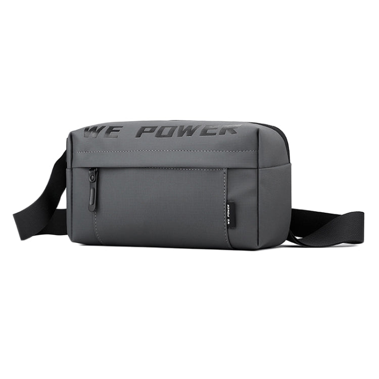 Gray men’s single-shoulder crossbody chest bag with front zipper pocket and adjustable strap
