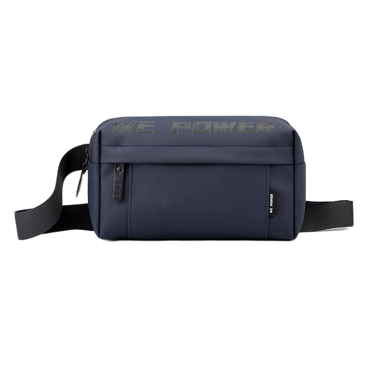 Dark blue men’s single-shoulder crossbody chest bag with front zipper pocket and logo branding