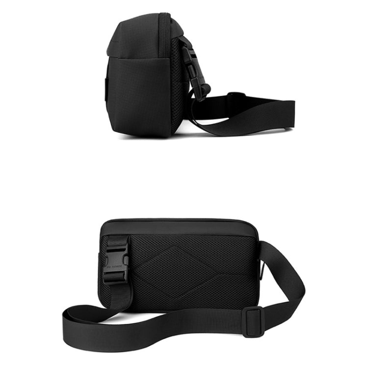 Black men’s crossbody chest bag with textured side panel and adjustable shoulder strap