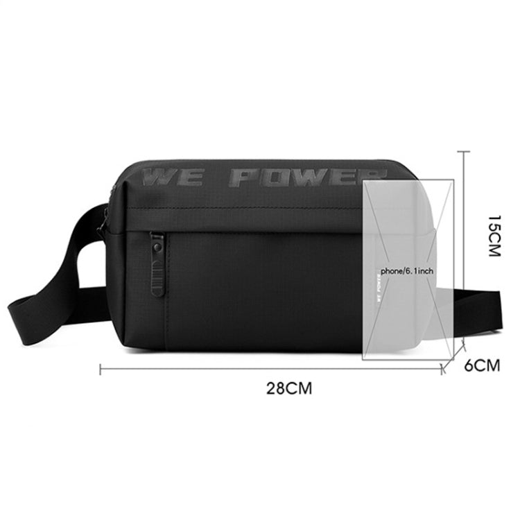 Black men’s crossbody chest bag with front zipper pocket and broad adjustable strap