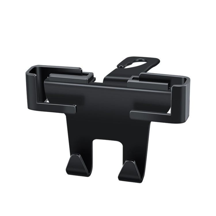 Car headrest mobile phone holder with storage hooks, black plastic
