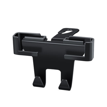Car headrest mobile phone holder with storage hooks, black plastic
