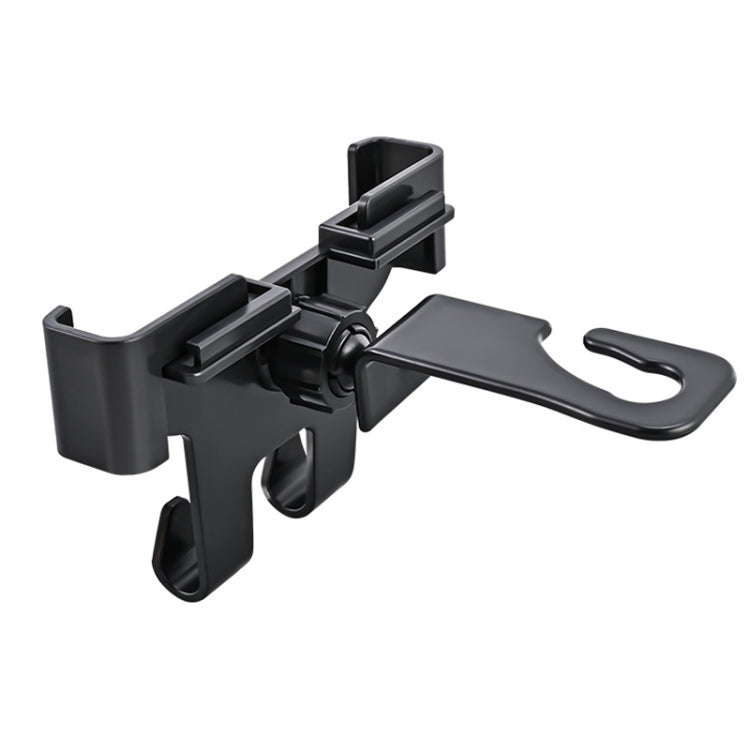 Rear headrest phone holder bracket with side grip and curved top hook, black