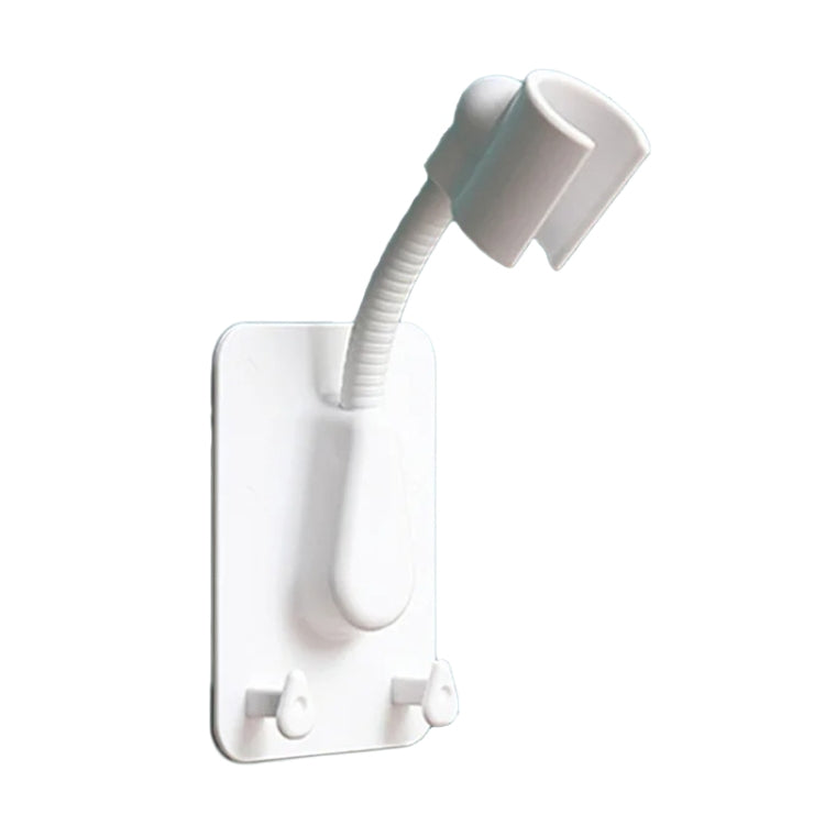 Adjustable white shower rack holder with flexible hose and hanging hooks