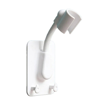 Adjustable white shower rack holder with flexible hose and hanging hooks