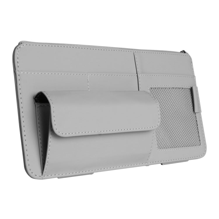 Grey car sun visor organizer pouch with zipper pocket and side sunglasses slot