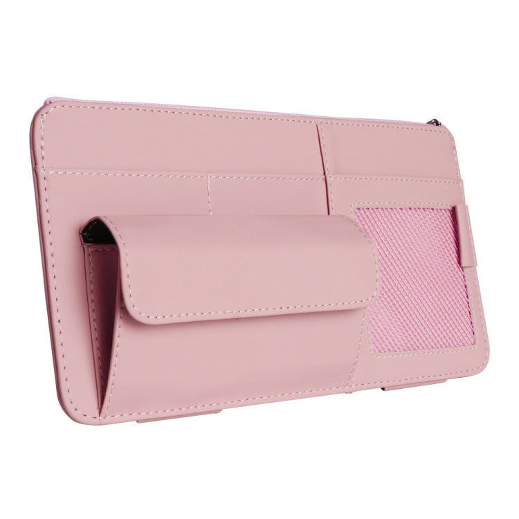 Pink car sun visor organizer pouch with zipper pocket and side sunglasses slot