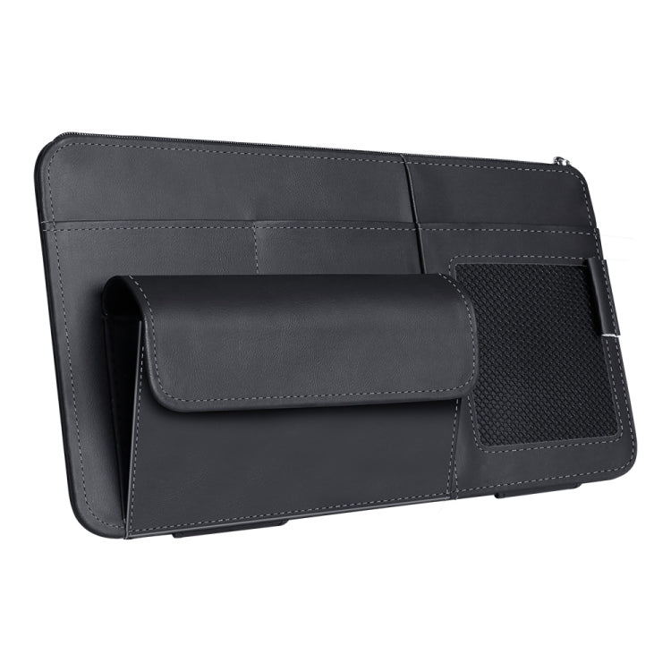 Black car sun visor organizer pouch with zipper pocket and side sunglasses slot