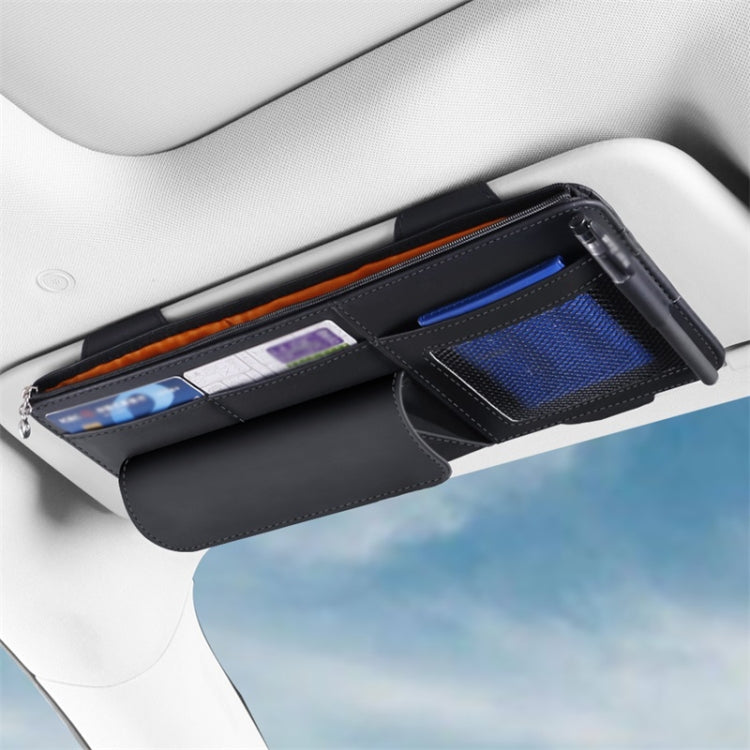 Black car sun visor organizer pouch, open with card slots and mesh pocket