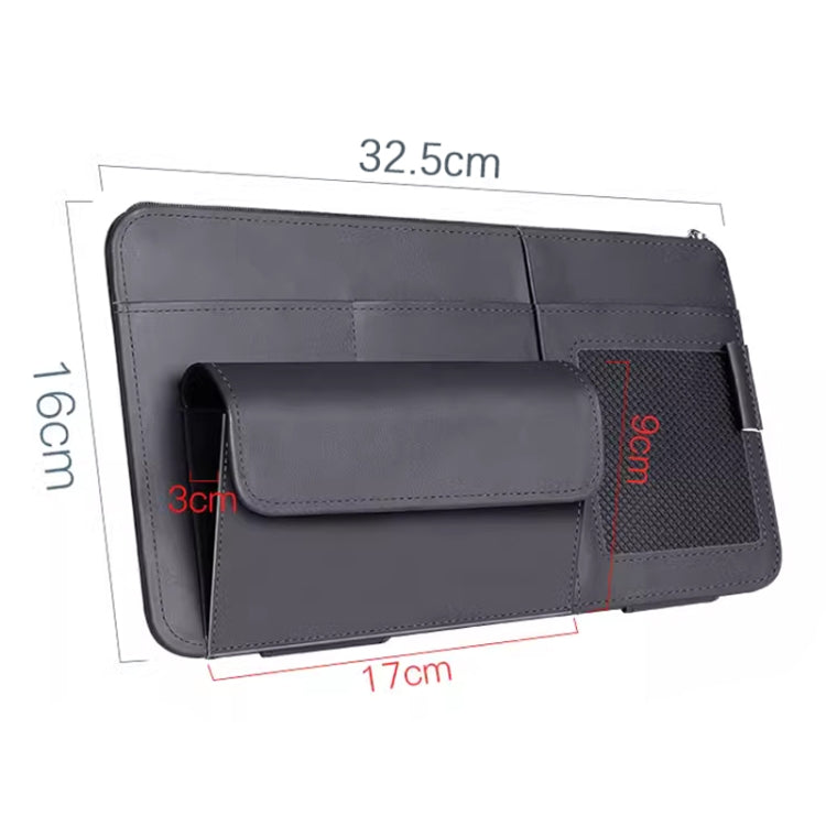 Grey car sun visor organizer pouch with front flap and side mesh sunglasses pocket