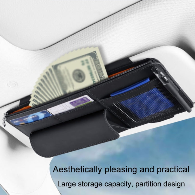 Black car sun visor organizer pouch with open compartments for cards and sunglasses