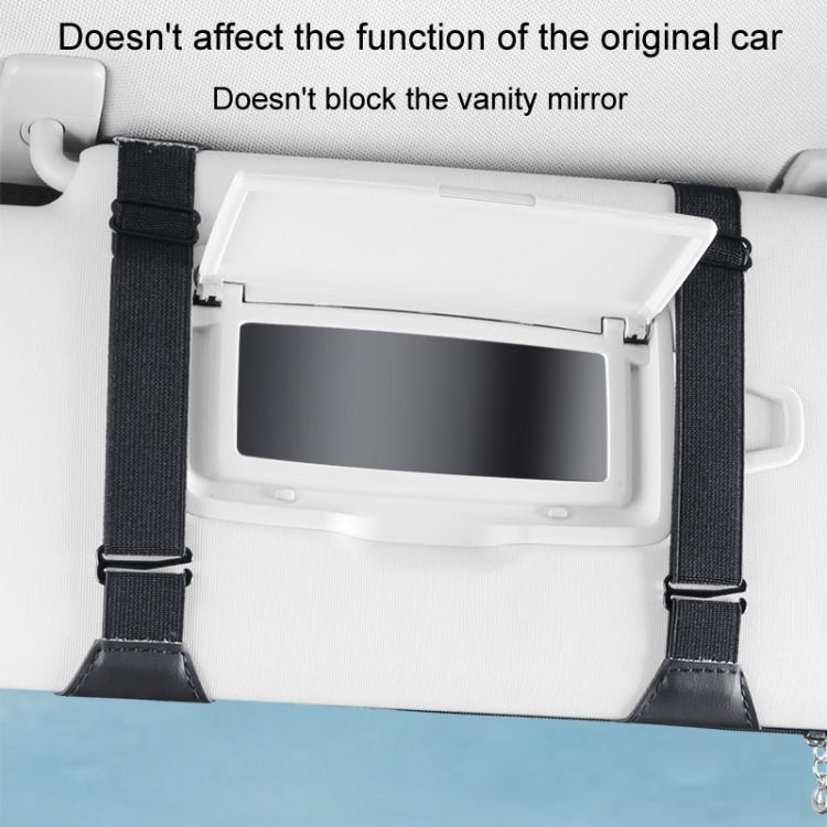 White car visor organizer case with adjustable black straps and front window panel