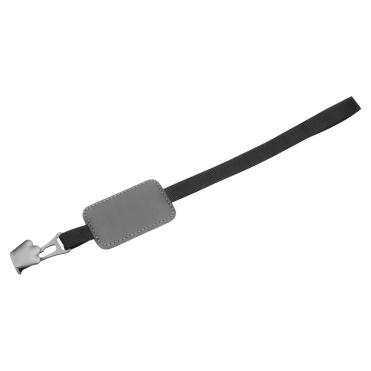 Grey leather car seatback hook strap with metal clip and hanging loop