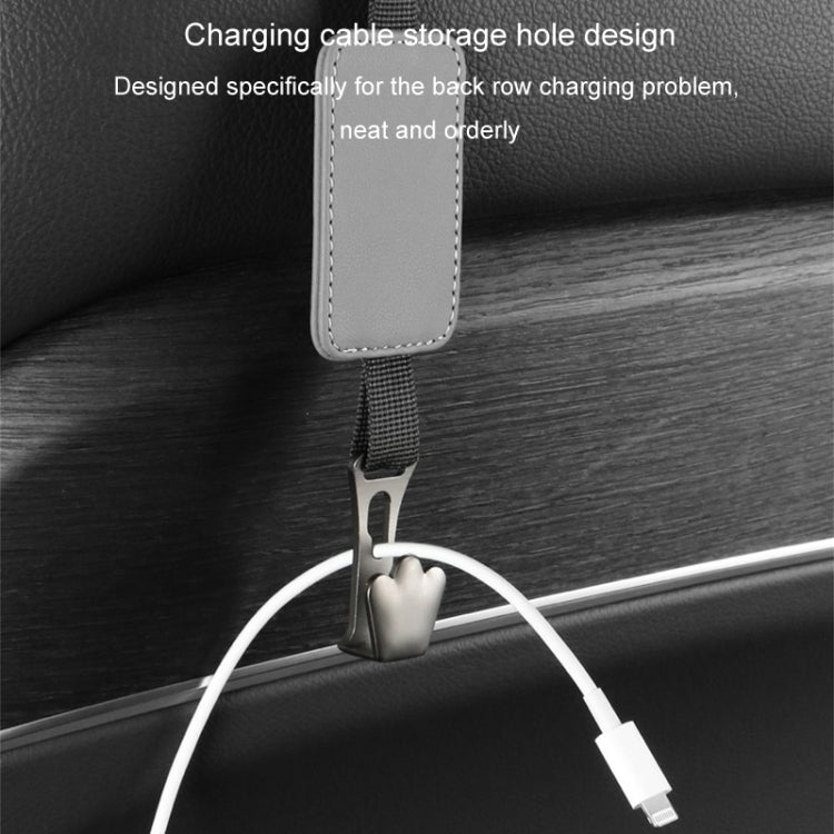 Grey seatback hook organizer with hanging clip and cable storage slot