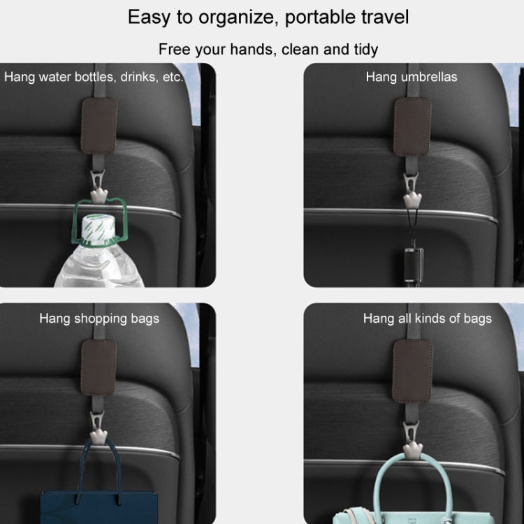 Grey seatback hook organizer showing hanging bottle, umbrella, and bags