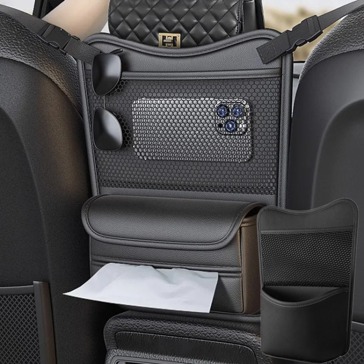 Car seat organizer bag on car seat with phone, mesh pocket, and tissue holder