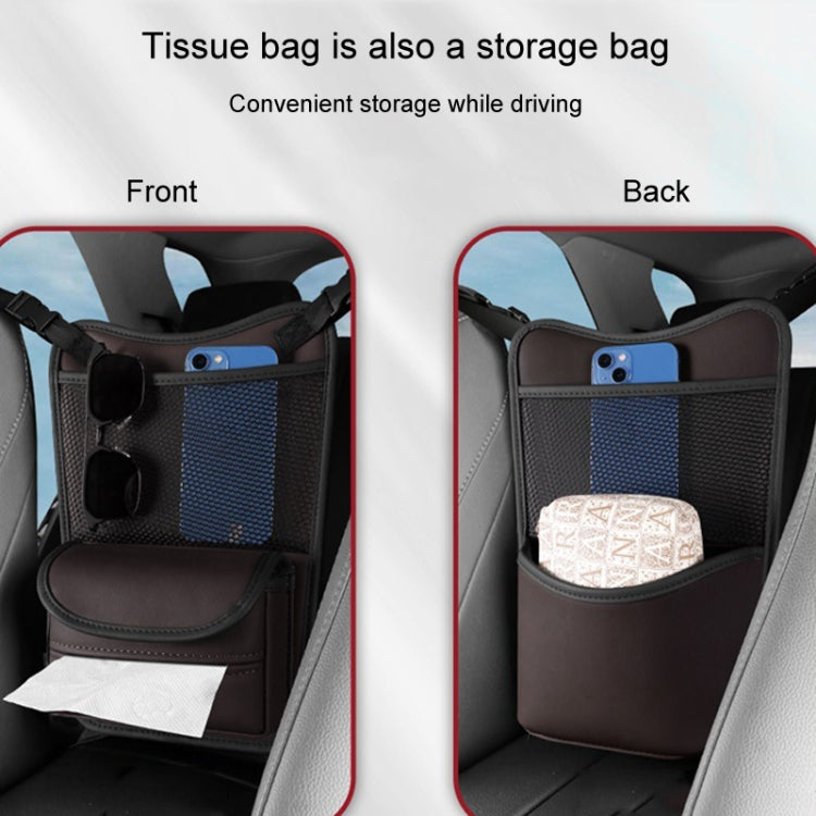 Car seat organizer bag shown on front and back seats for storage and tissues