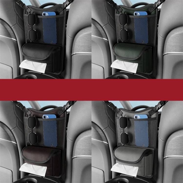 Car seat organizer bag on car seats in multiple angles, with mesh pocket and tissues