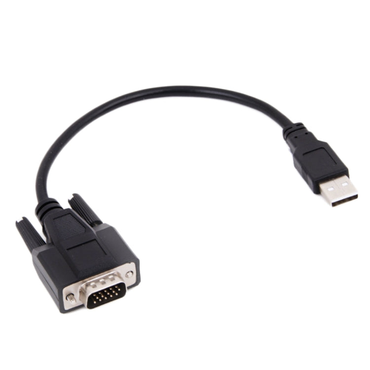Diagnostic USB connection cable with male USB plug and DB9-style connector, black.