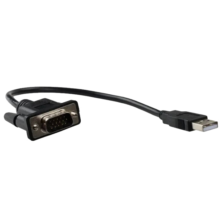 OBD diagnostic cable with DB9-style plug and USB plug, black, cable with molded ends.